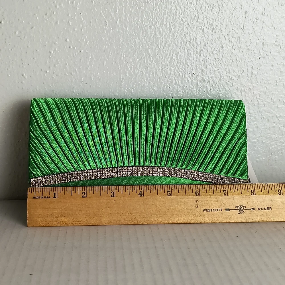 Green Shimmering Satin Evening Clutch Bag Pleated Snap Closure Faux Rhinestone
